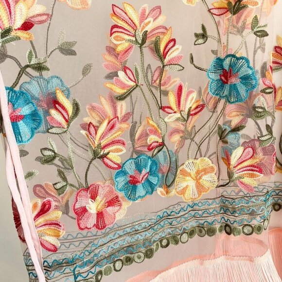 NWT Haute Hippie Pink Mesh Floral Embroidered Fringe Boho Festival Poncho OS - Picture 3 of 6